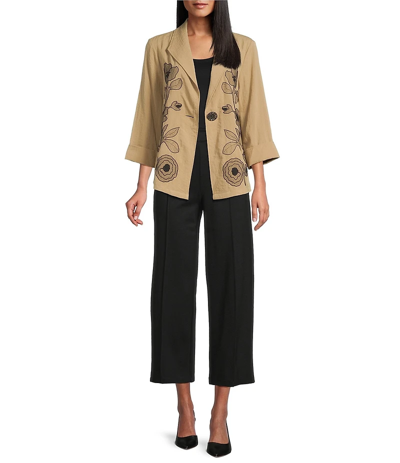 Multiples Petite Size Crinkle Woven Embroidered Floral Shawl Collar 3/4 Turn-Up Cuff Sleeve One Button-Front Jacket