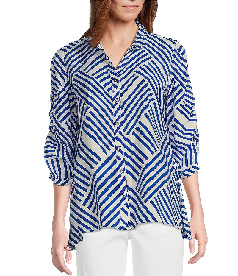 Multiples Petite Size Crinkle Woven Printed Wire Collar 3/4 Sleeve Button-Front Shirt