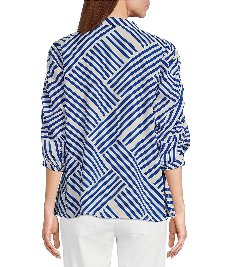 Multiples Petite Size Crinkle Woven Printed Wire Collar 3/4 Sleeve Button-Front Shirt