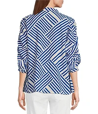 Multiples Petite Size Crinkle Woven Printed Wire Collar 3/4 Sleeve Button-Front Shirt