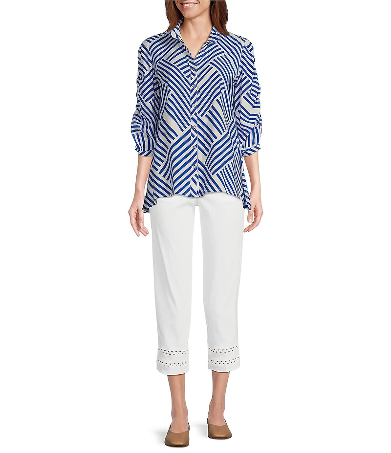 Multiples Petite Size Crinkle Woven Printed Wire Collar 3/4 Sleeve Button-Front Shirt