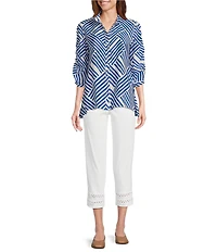 Multiples Petite Size Crinkle Woven Printed Wire Collar 3/4 Sleeve Button-Front Shirt