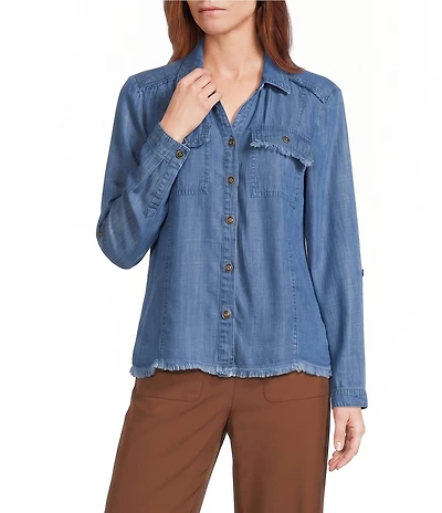 Multiples Petite Size Denim Collared Y-Neck Long Roll Tab Sleeve Fringe Hem Button Front Jacket