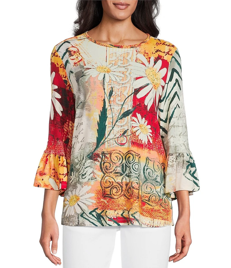 Multiples Petite Size Embellished Placed Multi Print Boat Neck 3/4 Flounce Sleeve Knit Top
