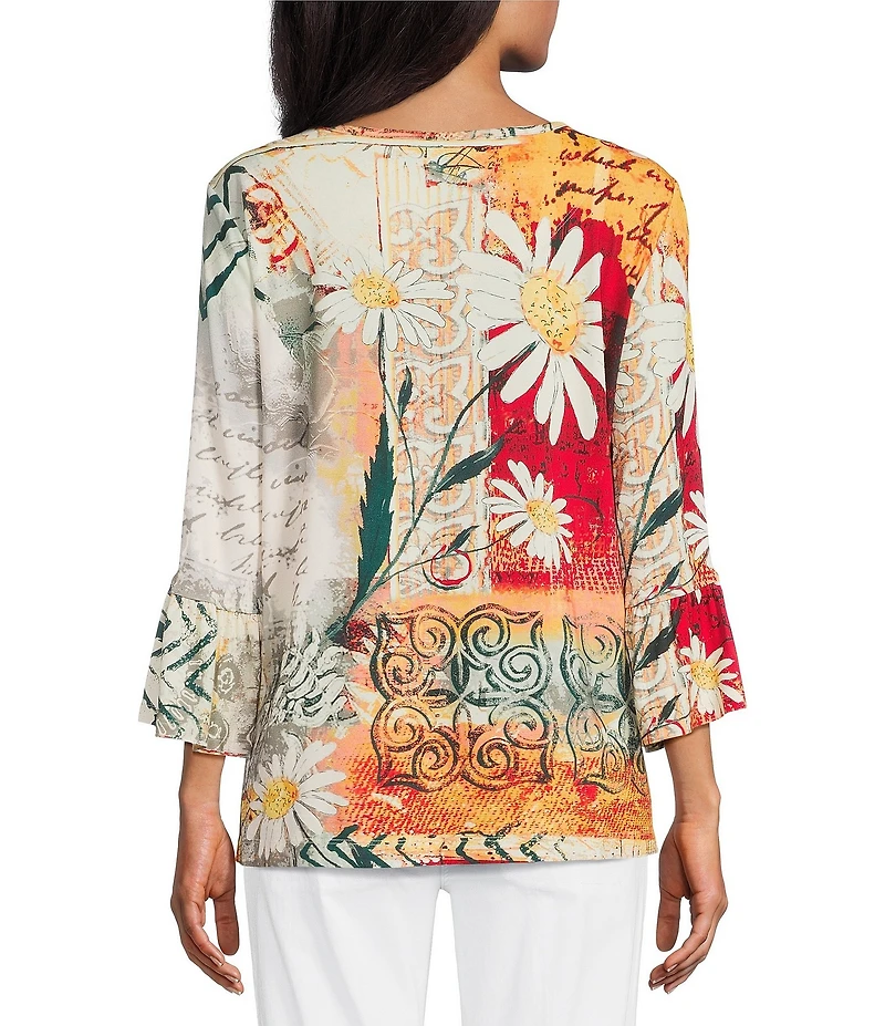 Multiples Petite Size Embellished Placed Multi Print Boat Neck 3/4 Flounce Sleeve Knit Top