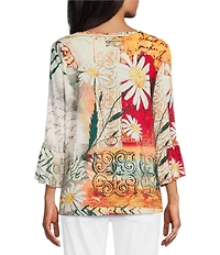Multiples Petite Size Embellished Placed Multi Print Boat Neck 3/4 Flounce Sleeve Knit Top