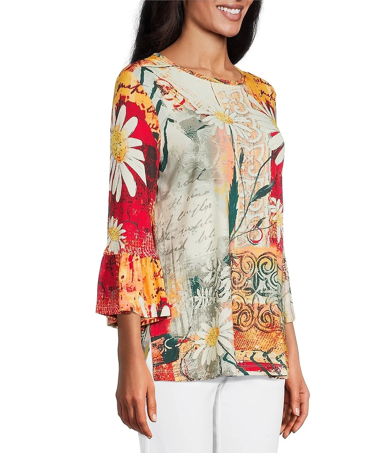 Multiples Petite Size Embellished Placed Multi Print Boat Neck 3/4 Flounce Sleeve Knit Top