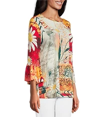 Multiples Petite Size Embellished Placed Multi Print Boat Neck 3/4 Flounce Sleeve Knit Top