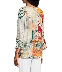 Multiples Petite Size Embellished Placed Multi Print Boat Neck 3/4 Flounce Sleeve Knit Top