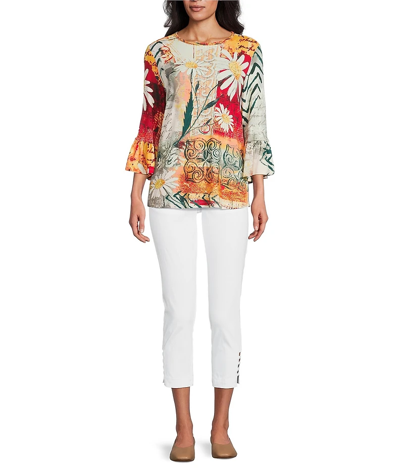 Multiples Petite Size Embellished Placed Multi Print Boat Neck 3/4 Flounce Sleeve Knit Top