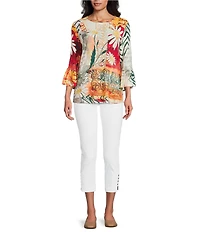 Multiples Petite Size Embellished Placed Multi Print Boat Neck 3/4 Flounce Sleeve Knit Top