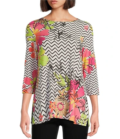 Multiples Petite Size Embellished Placement Print Scoop Neck 3/4 Sleeve Fitted Knit Top