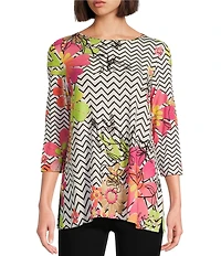 Multiples Petite Size Embellished Placement Print Scoop Neck 3/4 Sleeve Fitted Knit Top