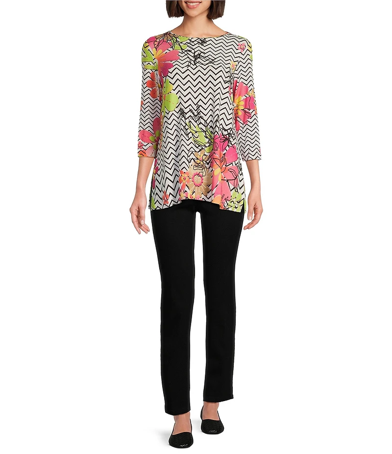 Multiples Petite Size Embellished Placement Print Scoop Neck 3/4 Sleeve Fitted Knit Top