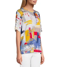 Multiples Petite Size Embellished Printed Scoop Neck 3/4 Sleeve Fitted Knit Top