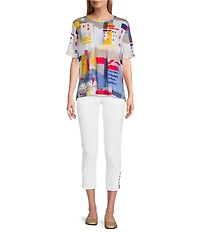 Multiples Petite Size Embellished Printed Scoop Neck 3/4 Sleeve Fitted Knit Top