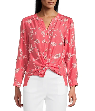 Multiples Petite Size Embroidered Crinkle Woven Tie-Front Shirt