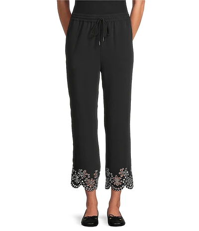 Multiples Petite Size Embroidered Scalloped Hem Pull-On Pants
