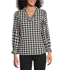 Multiples Petite Size Jacquard Knit Houndstooth Ruffle V-Neck 3/4 Sleeve Knit Top