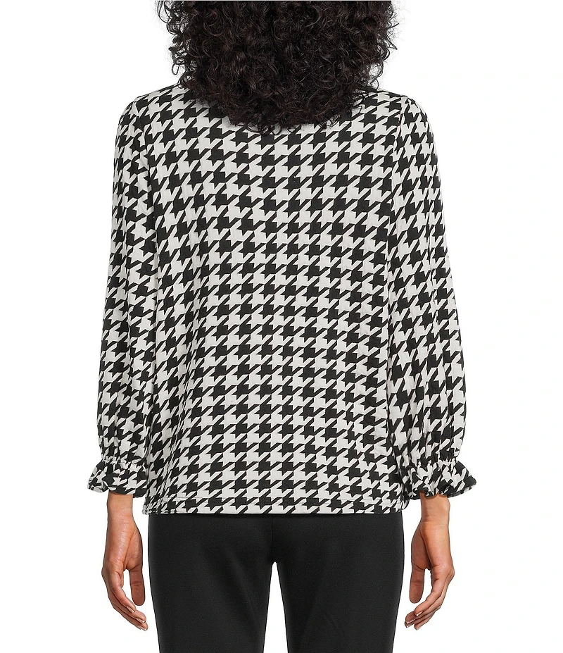 Multiples Petite Size Jacquard Knit Houndstooth Ruffle V-Neck 3/4 Sleeve Knit Top