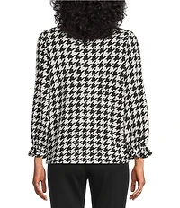 Multiples Petite Size Jacquard Knit Houndstooth Ruffle V-Neck 3/4 Sleeve Knit Top