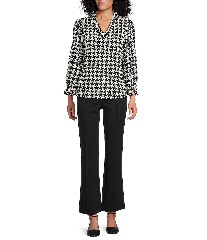 Multiples Petite Size Jacquard Knit Houndstooth Ruffle V-Neck 3/4 Sleeve Knit Top