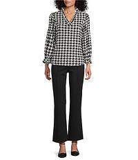 Multiples Petite Size Jacquard Knit Houndstooth Ruffle V-Neck 3/4 Sleeve Knit Top