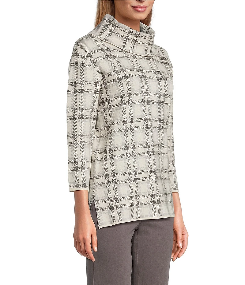 Multiples Petite Size Jacquard Knit Plaid Cowl Neck 3/4 Sleeve Top