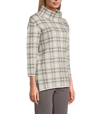 Multiples Petite Size Jacquard Knit Plaid Cowl Neck 3/4 Sleeve Top