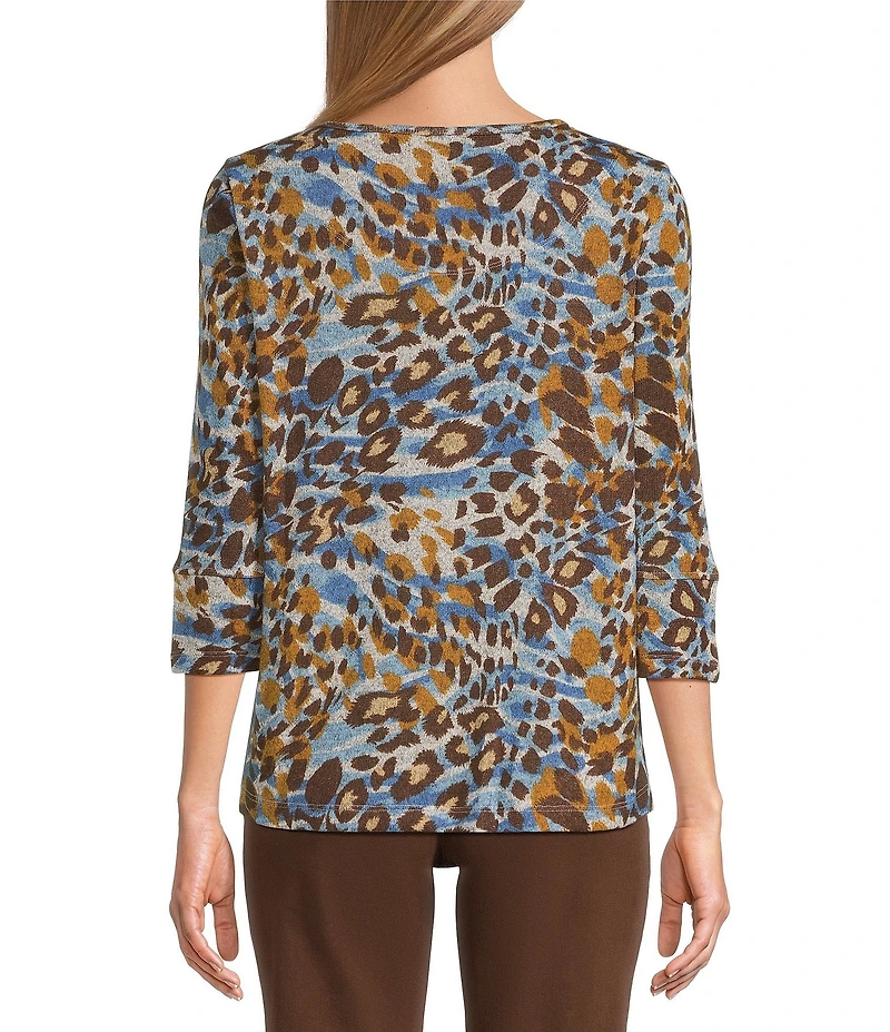 Multiples Petite Size Knit Animal Print Scoop Neck 3/4 Sleeve Top