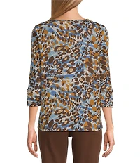 Multiples Petite Size Knit Animal Print Scoop Neck 3/4 Sleeve Top