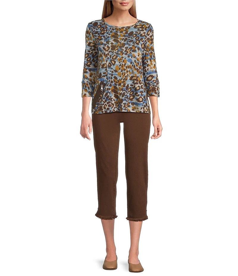 Multiples Petite Size Knit Animal Print Scoop Neck 3/4 Sleeve Top