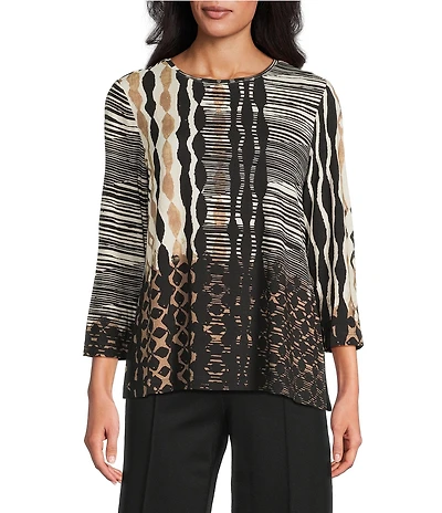 Multiples Petite Size Knit Color Block Stripe Geometric Print Embellished Neckline 3/4 Sleeve Top