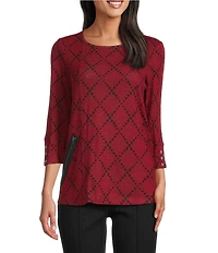 Multiples Petite Size Knit Geometric Print Scoop Neck 3/4 Sleeve Top