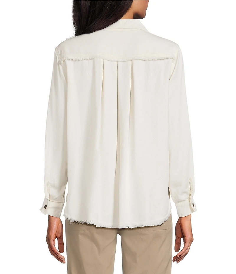 Multiples Petite Size Lyocell Twill Point Collar Long Roll-Tab Sleeve Button-Front Fringed Shirt