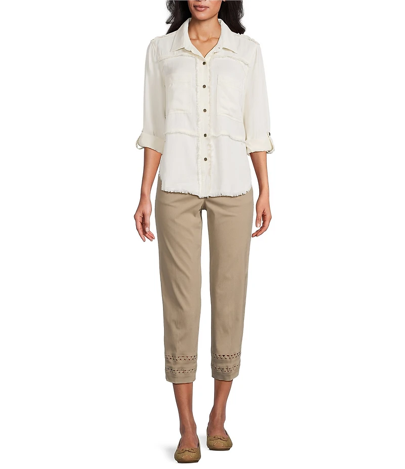 Multiples Petite Size Lyocell Twill Point Collar Long Roll-Tab Sleeve Button-Front Fringed Shirt