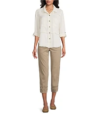Multiples Petite Size Lyocell Twill Point Collar Long Roll-Tab Sleeve Button-Front Fringed Shirt