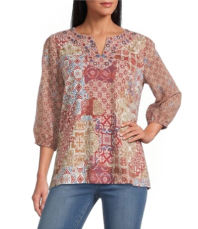 Multiples Petite Size Mixed Media Embroidered Split Neck 3/4 Georgette Sleeve Top