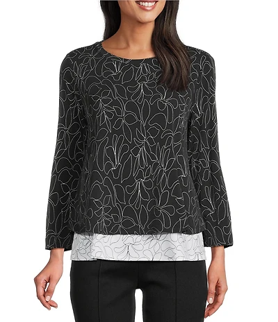 Multiples Petite Size Monochrome Floral Scoop Neck 3/4 Sleeve Layered Hem Top