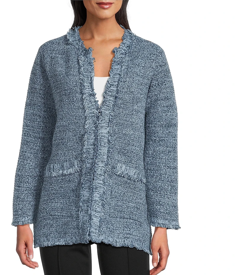 Multiples Petite Size Novelty Textured Long Sleeve Fringe Detail Open-Front Sweater Knit Jacket