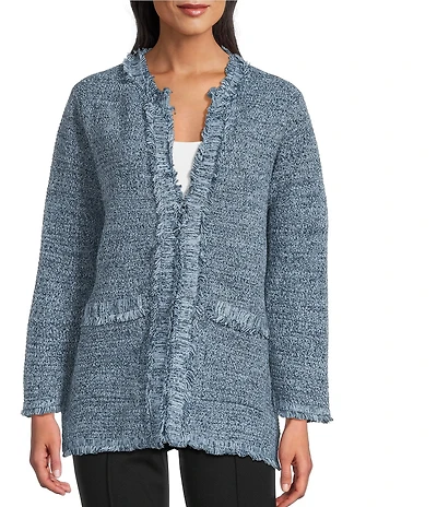 Multiples Petite Size Novelty Textured Long Sleeve Fringe Detail Open-Front Sweater Knit Jacket