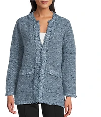 Multiples Petite Size Novelty Textured Long Sleeve Fringe Detail Open-Front Sweater Knit Jacket