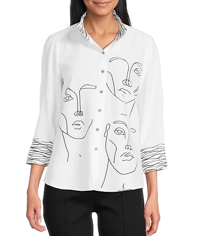 Multiples Petite Size Placement Print Wire Collar 3/4 Sleeve Button Front Shirt