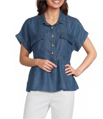 Multiples Petite Size Point Collar Short Dolman Sleeve Peplum Denim Top