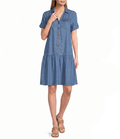 Multiples Petite Size Point Collar Short Sleeve Drop Shoulder Button-Front Denim Dress