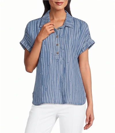 Multiples Petite Size Print Denim Point Collar Short Dolman Cuffed Sleeve Button-Front Top