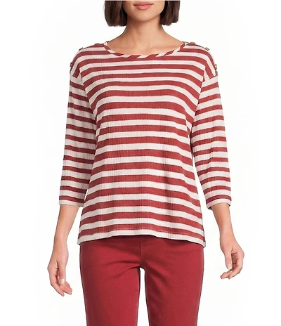 Multiples Petite Size Pucker Knit Yarn-Dye Stripe Wide Neck 3/4 Sleeve Drop Shoulders Top