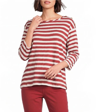 Multiples Petite Size Pucker Knit Yarn-Dye Stripe Wide Neck 3/4 Sleeve Drop Shoulders Top