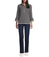 Multiples Petite Size Ribbed Knit Funnel Neck 3/4 Sleeve Zip-Up Top