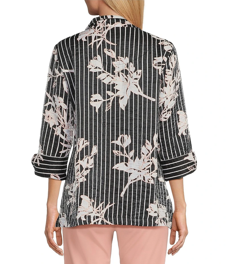 Multiples Petite Size Shimmer Woven Floral Wire Collar 3/4 Turn-Up Cuff Sleeve Button-Front Shirt